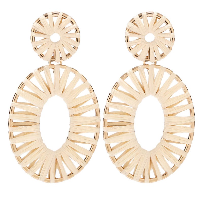 BaubleStar Kiera Raffia Tassel Fringe Rattan Hoop Drop Statement Earrings Natural Tiered Thread Handmade Round Oval Cirle Dangle Fashion Jewelry for Women - Image 1